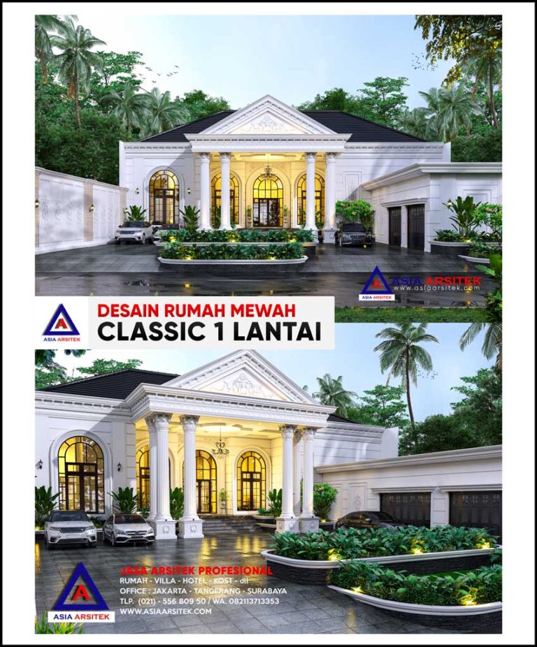 Desain Rumah Mewah Classic 1 Lantai di Lahan 60x25 Meter