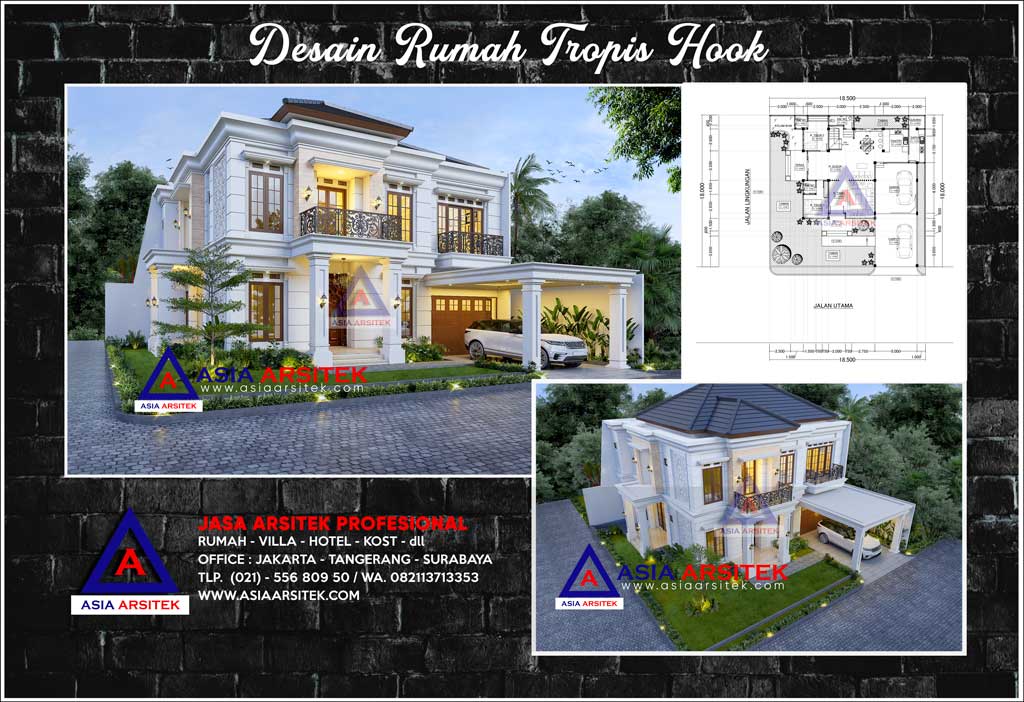 Desain Rumah Tropis Hook 2 Lantai Ukuran Tanah 18x18.5 Meter