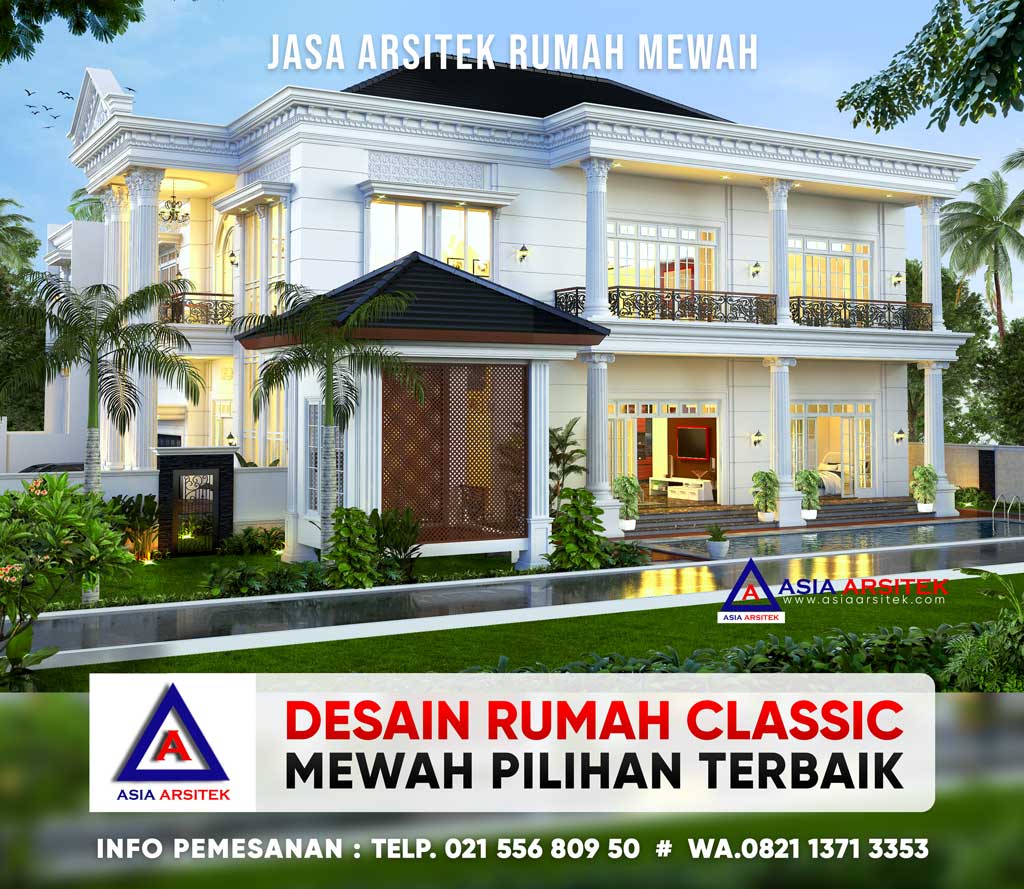 Desain Rumah Classic Mewah 2 Lantai Dengan Kolam Renang Di Lahan 32 x 37 m di Papua