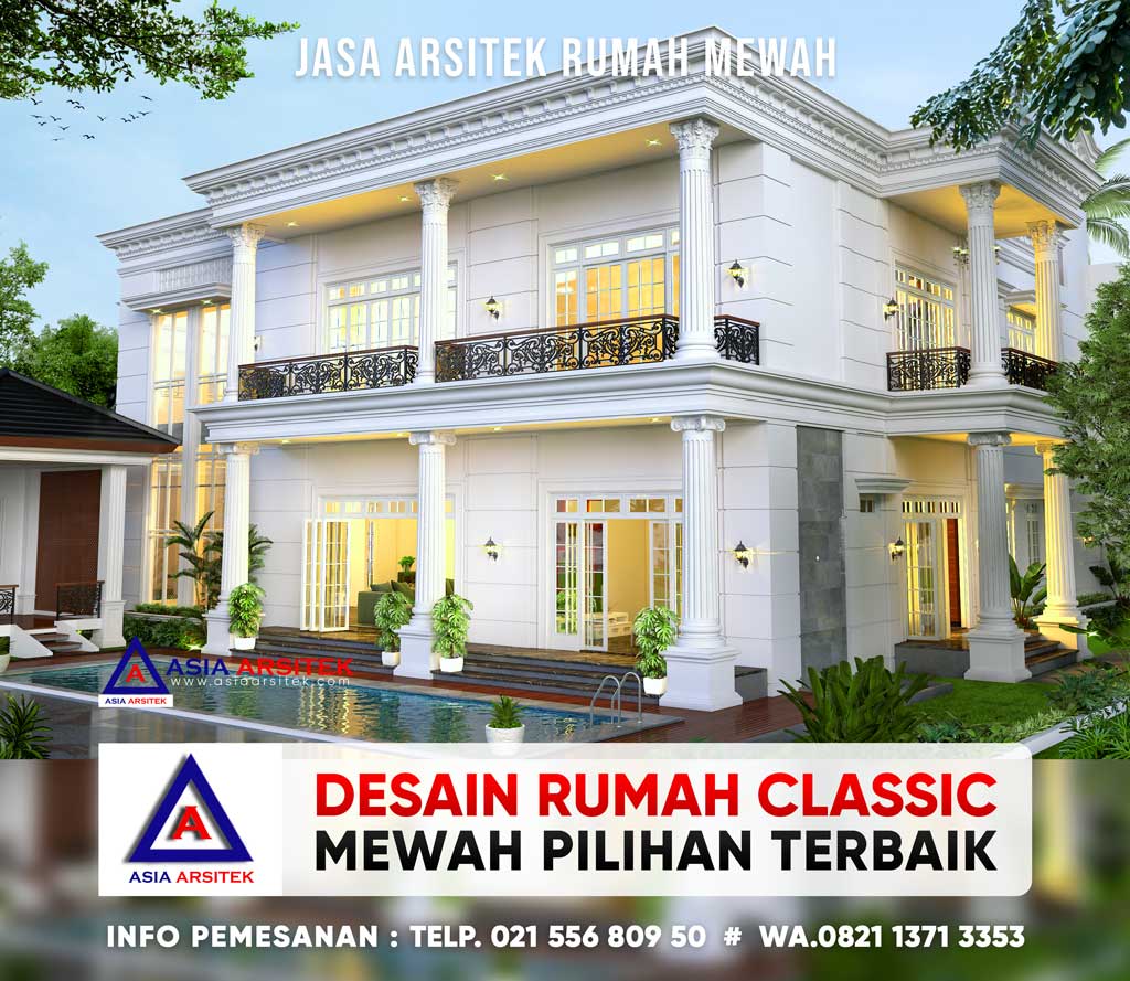 Desain Rumah Classic Mewah 2 Lantai Dengan Kolam Renang Di Lahan 32 x 37 m di Papua