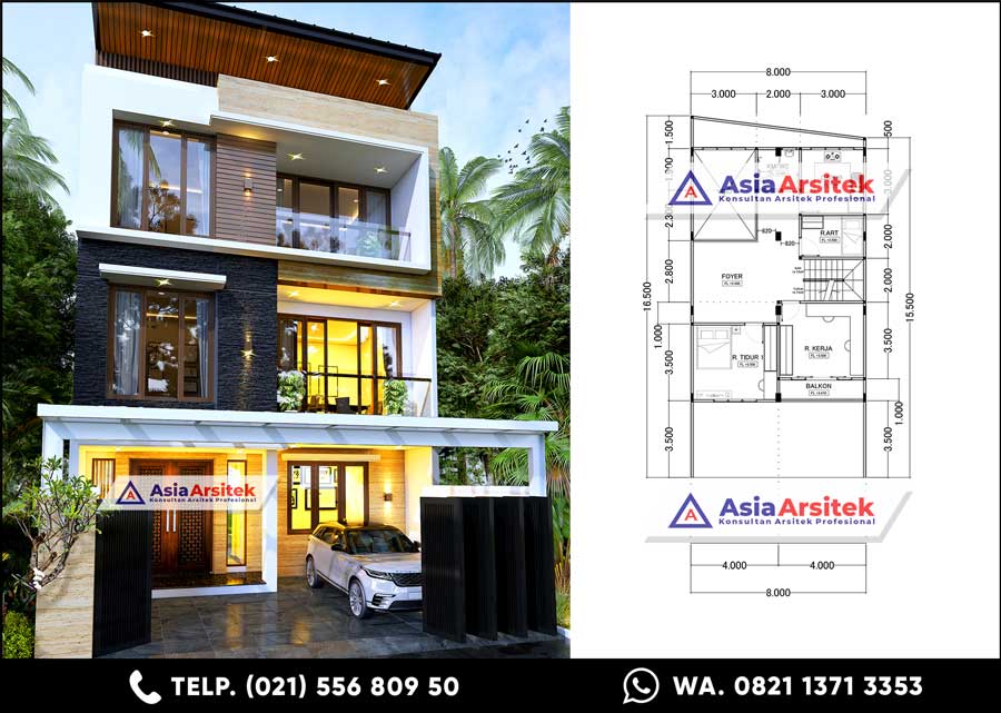 Desain Rumah Minimalis Modern 3 Lantai 5 Kamar Tidur Carport 1 Mobil di Lahan 8 x 16,5 meter Tahun 2021