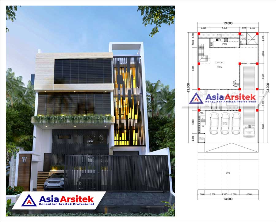Desain Kantor & Gudang Mewah 4 Lantai di Lahan 13 x 23 Meter Carport 3 Mobil Ada Studio Fotonya