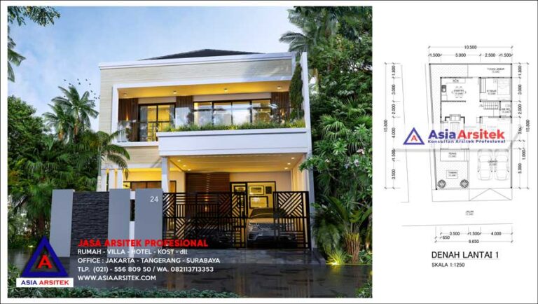 Desain Rumah 2 Lantai Style Minimalis 5 Kamar Tidur Carport 2 Mobil di Lahan 9 x 15 Meter
