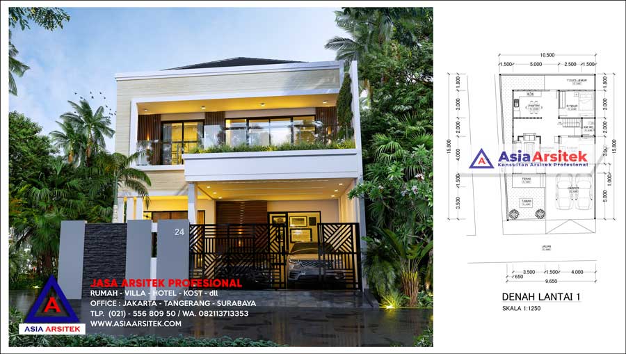 Desain Rumah 2 Lantai Style Minimalis 5 Kamar Tidur Carport 2 Mobil di Lahan 9 x 15 Meter