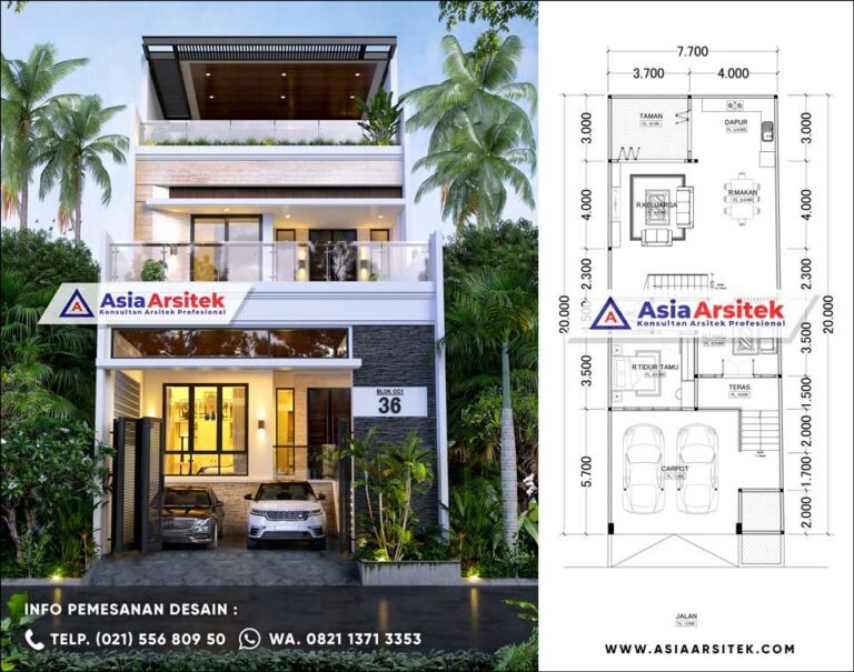 Desain Rumah 3 Lantai Minimalis Modern Fasilitas Carport 2 Mobil 3 Kamar Tidur di Lahan 7x20 meter