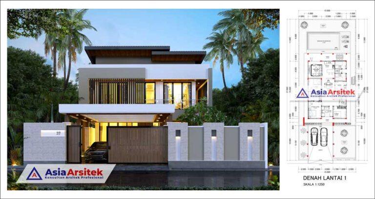 Desain Rumah Mewah 2 Lantai Modern Minimalis 7 Kamar Dengan Kolam Renang di Lahan 15 x 37 Meter