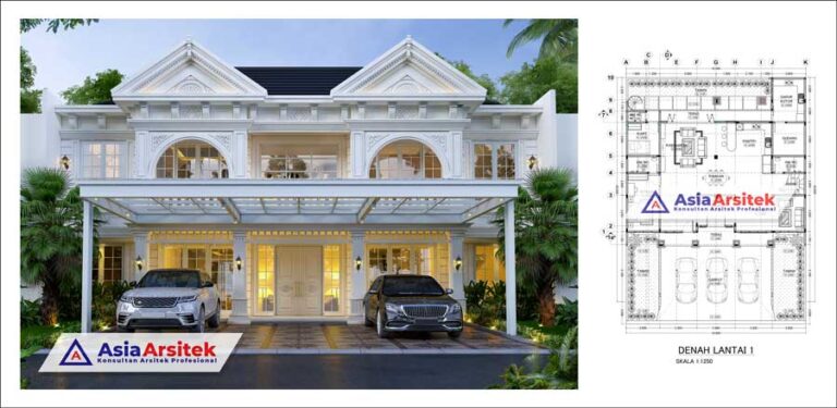 Desain Rumah Mewah Style Mediterania 2 Lantai 4 Kamar Carport 3 Mobil di Lahan 16x20 Meter