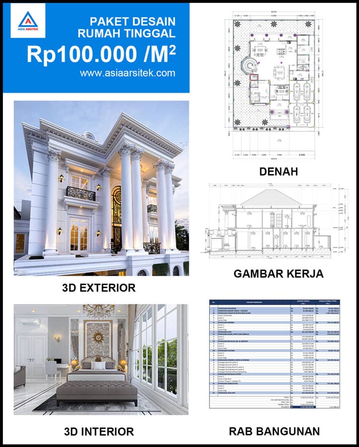 Jasa Arsitek Desain Rumah Klasik Mewah 3 Lantai di Cikupa Tangerang