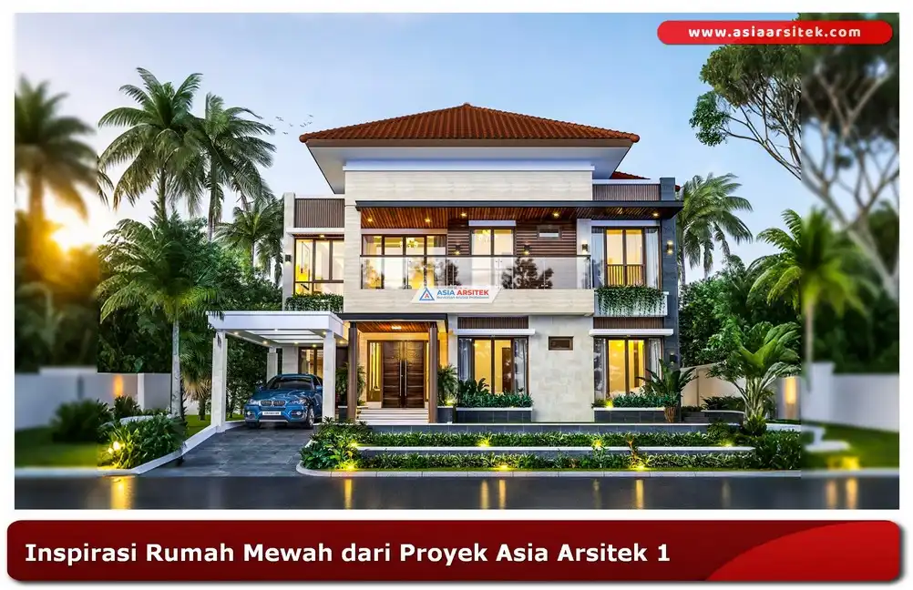 Tampak depan rumah mewah klasik tropis dua lantai