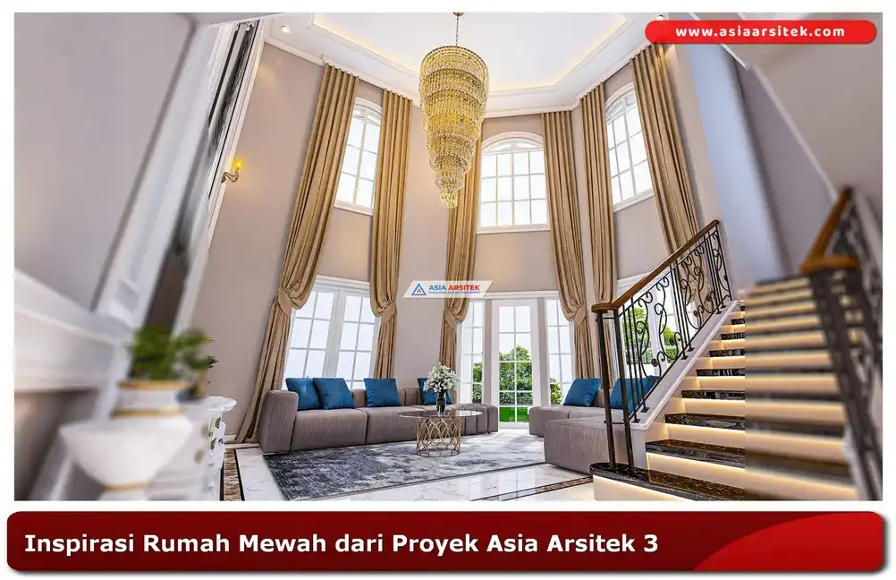 Interior rumah mewah dengan langit-langit tinggi dan lampu gantung kristal