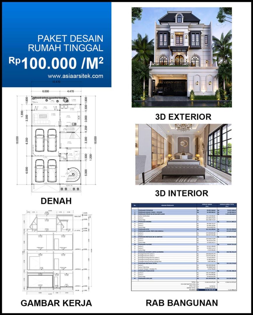 Jasa Arsitek Desain Rumah Mewah Tropis 3 Lantai di Cempaka Putih Jakarta Pusat Harga Desain Rumah