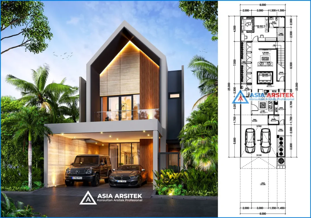 Desain Rumah Scandinavian 2 Lantai di lahan 8x25 meter denah