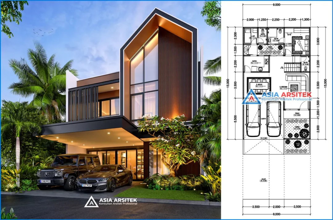 Desain Rumah Scandinavian 2 Lantai di lahan 9x15 meter denah