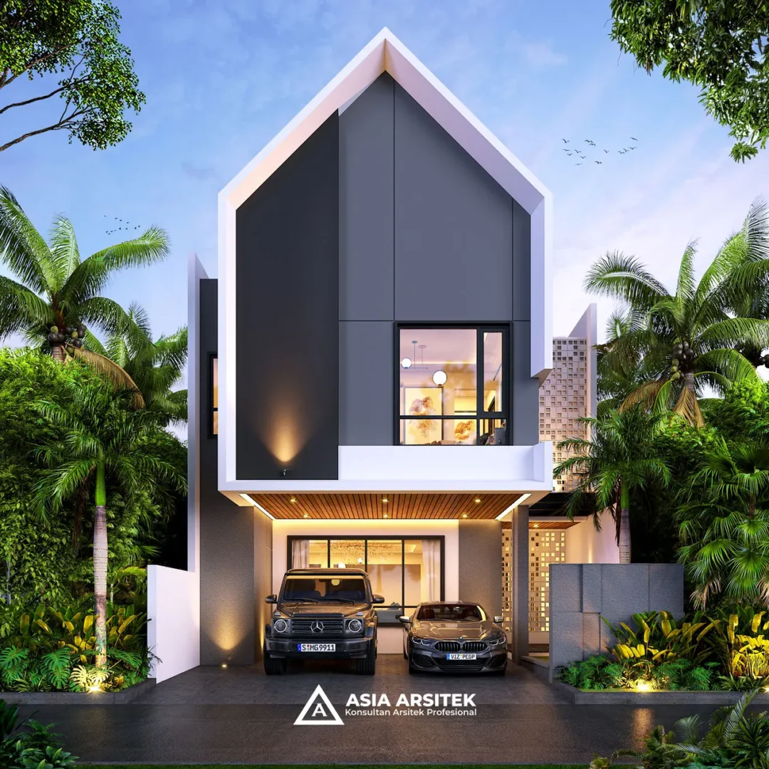 Desain Rumah Scandinavian 2 Lantai di lahan 9x18 meter depan tanpa pagar