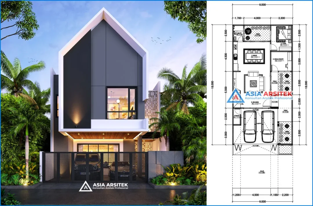 Desain Rumah Scandinavian 2 Lantai di lahan 9x18 meter denah