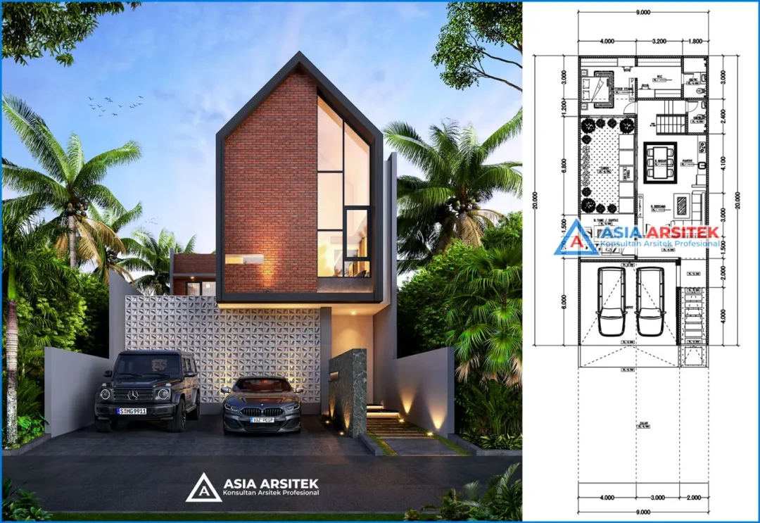 Desain Rumah Scandinavian 2 Lantai di lahan 9x20 meter denah