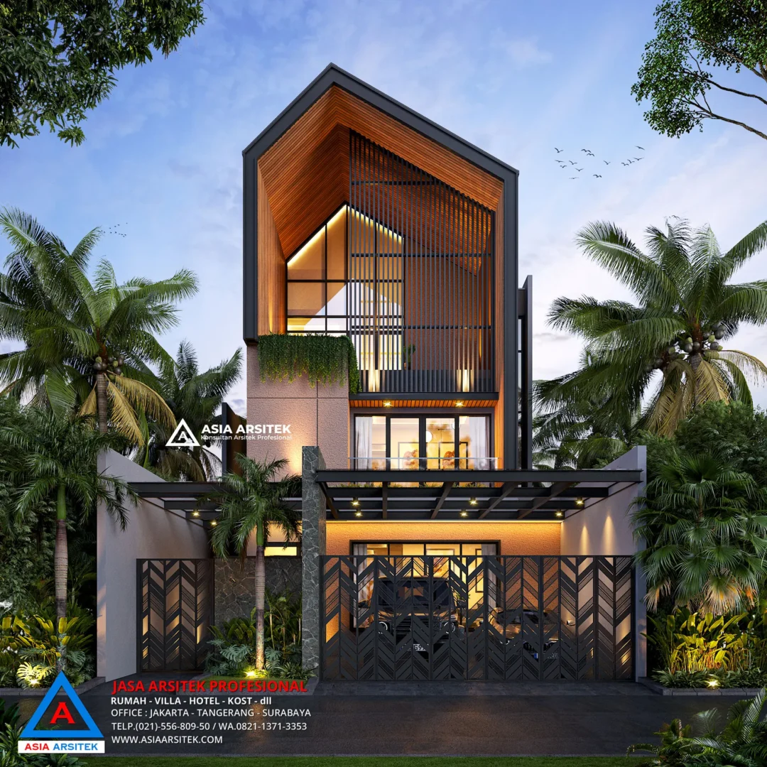 Desain Rumah Scandinavian 3 Lantai Tampak Depan dengan pagar