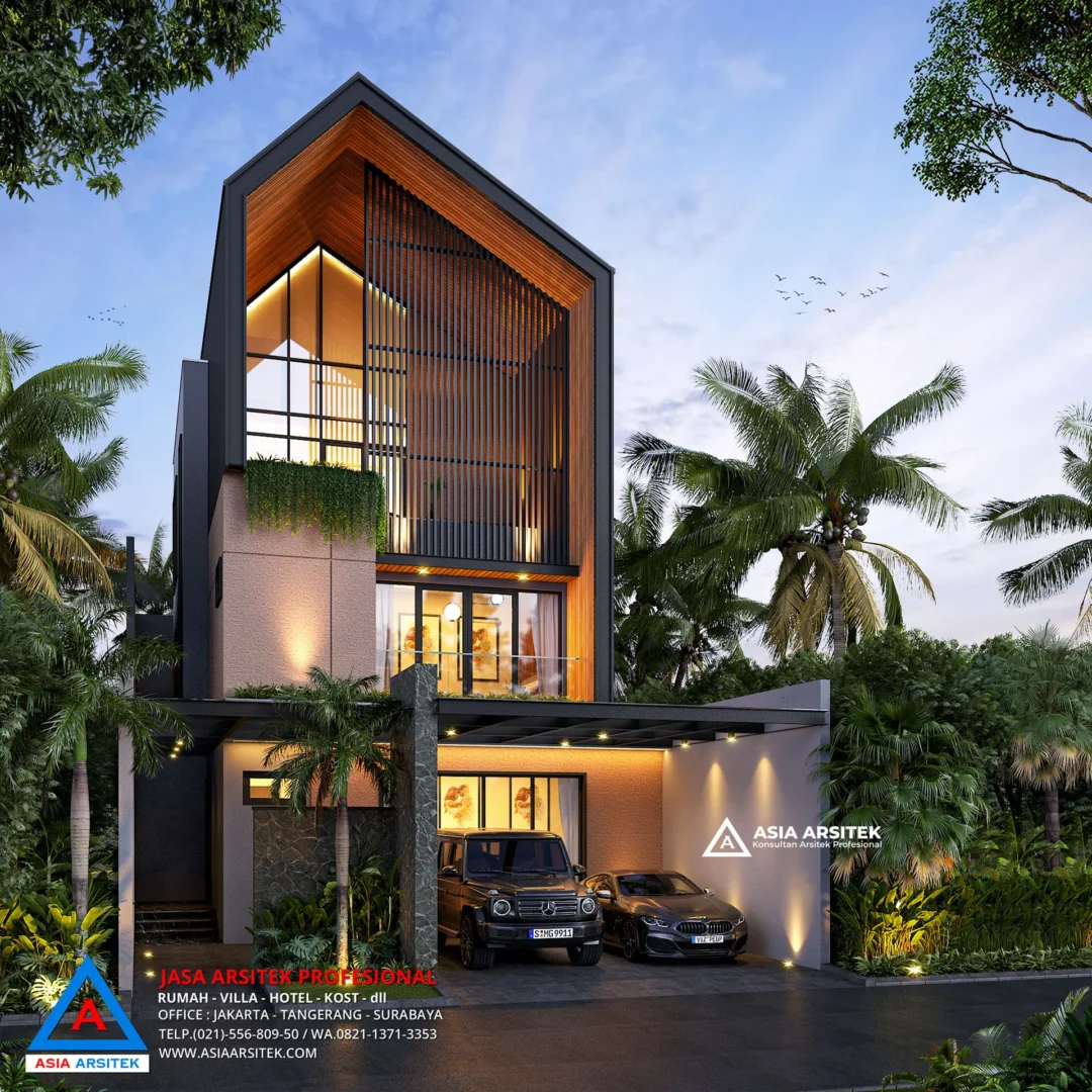 Desain Rumah Scandinavian 3 Lantai Tampak Sudut Kiri