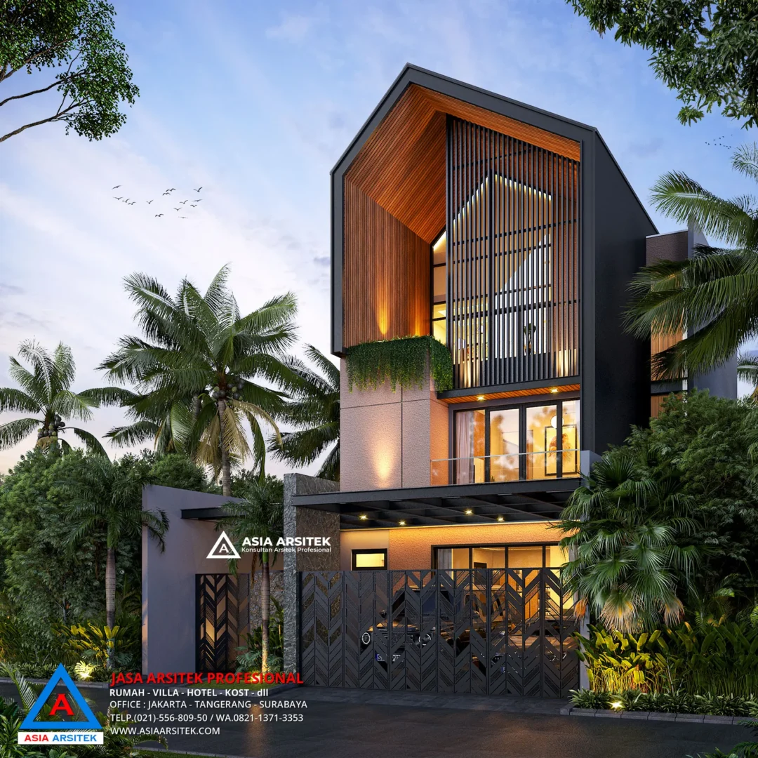Desain Rumah Scandinavian 3 Lantai Tampak Sudut Kanan