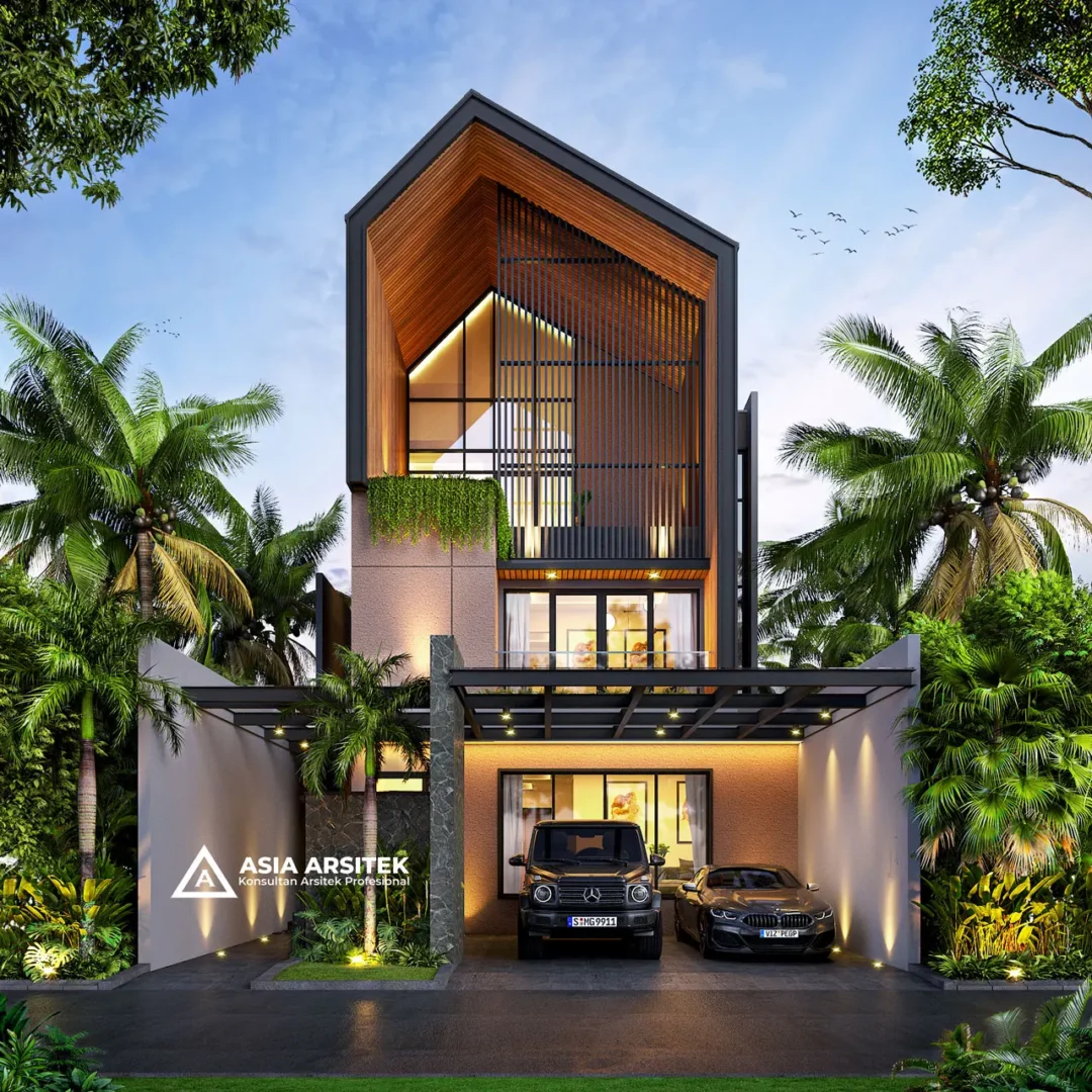 Desain Rumah Scandinavian 3 Lantai di lahan 10x20 meter depan tanpa pagar