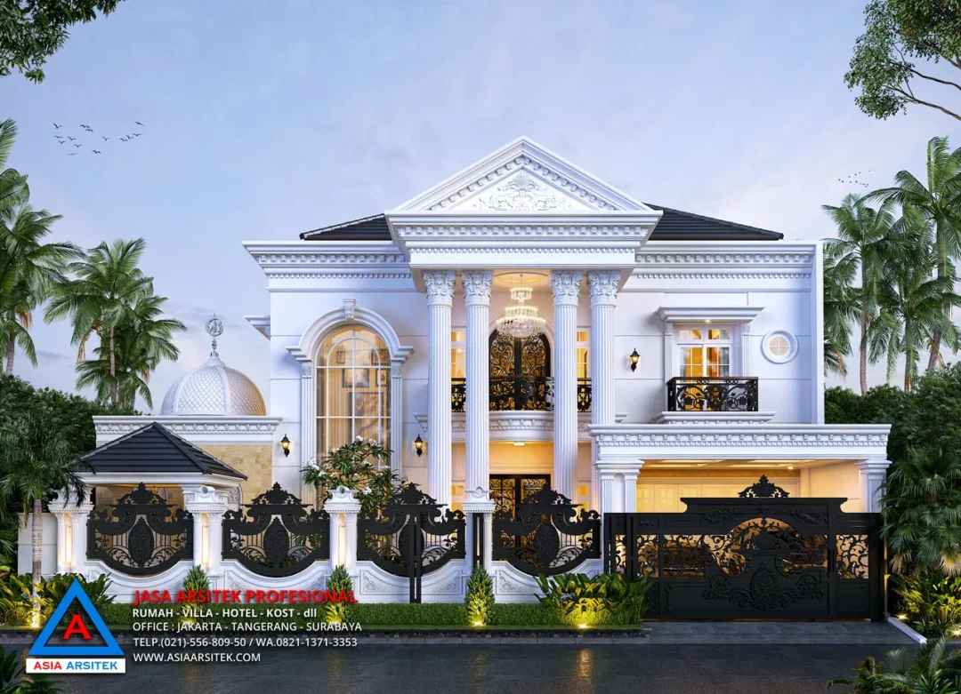 Jasa Desain Rumah Mewah Klasik 2 Lantai di Sawangan Depok depan dengan pagar