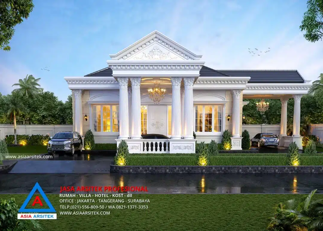 Jasa Arsitek Desain Rumah Mewah Klasik 1 Lantai di Pinrang Sulawesi Selatan Tampak Depan Tanpa Pagar