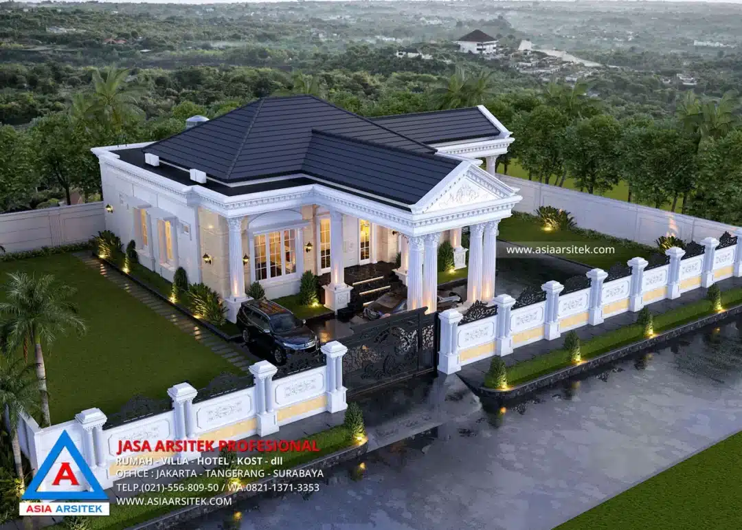 Jasa Arsitek Desain Rumah Mewah Klasik 1 Lantai di Pinrang Sulawesi Selatan tampak atas