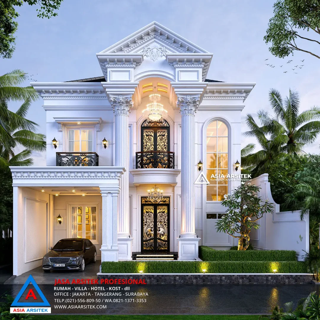 Jasa Arsitek Desain Rumah Mewah Klasik 2 Lantai di Palembang tampan depan tanpa pagar