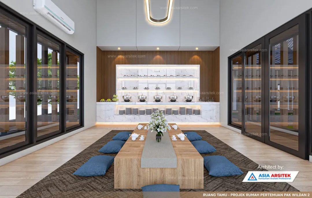 Jasa Arsitek Desain Rumah Pertemuan Scandinavian 2 Lantai di Sukabumi Ruang Tamu Lesehan