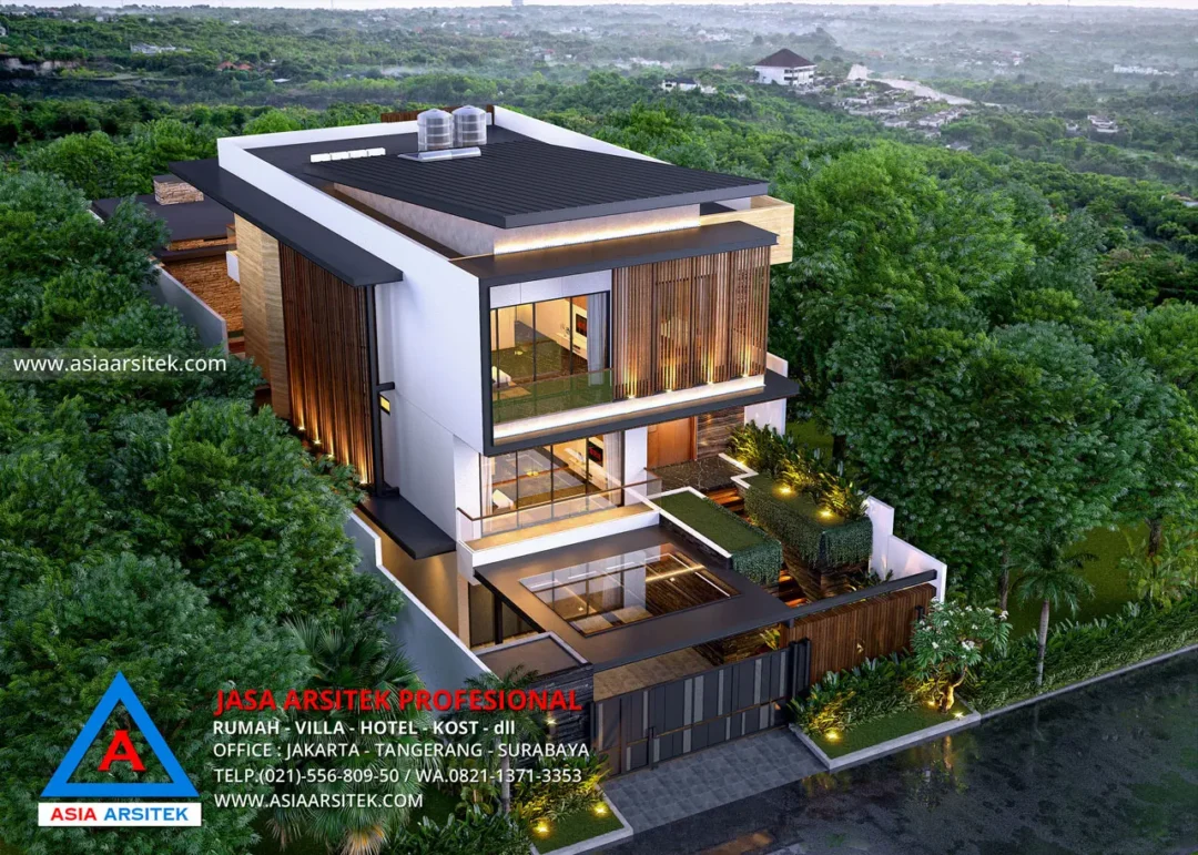 Jasa Desain Rumah Modern 3 Lantai Dengan Kolam Renang atas