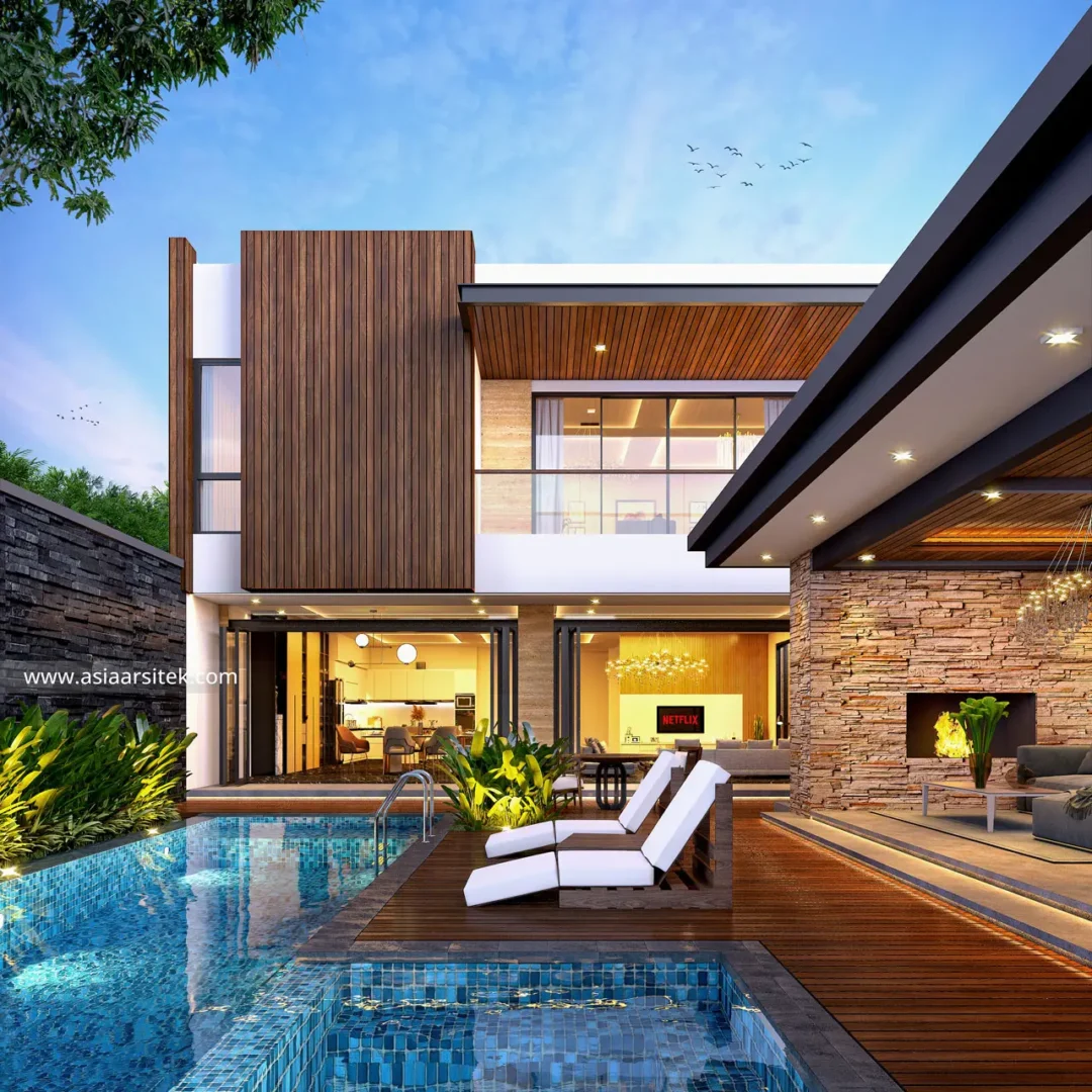 Jasa Desain Rumah Modern 3 Lantai Dengan Kolam Renang kolam renang