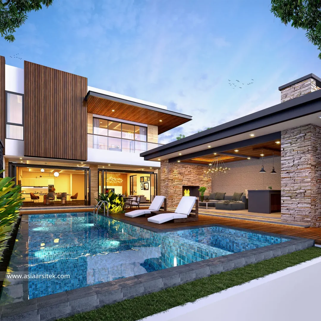 Jasa Desain Rumah Modern 3 Lantai Dengan Kolam Renang swiming pool