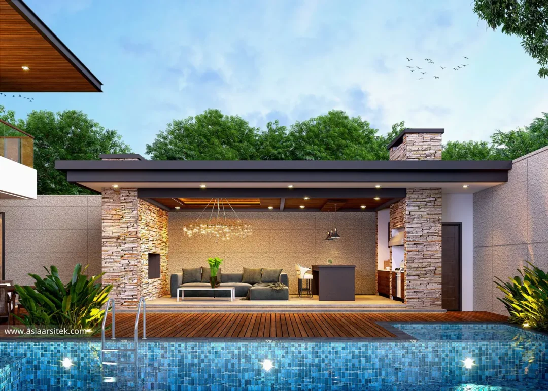 Jasa Desain Rumah Modern 3 Lantai Dengan Kolam Renang bbq