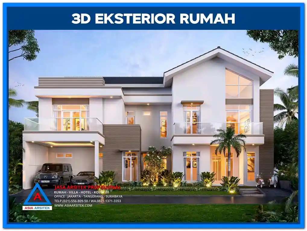 Contoh Gambar Rumah Minimalis 2 Lantai untuk Kavling Kecil – Desain fasad rumah dua lantai dengan tampilan simpel, garis tegas, dan elemen vertikal yang memaksimalkan lahan sempit secara fungsional dan estetis.