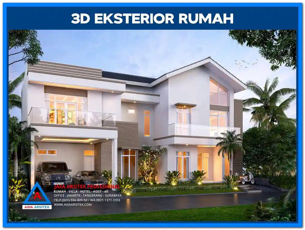 Contoh Gambar Rumah Minimalis 2 Lantai untuk Kavling Kecil – Desain fasad rumah dua lantai dengan tampilan simpel, garis tegas, dan elemen vertikal yang memaksimalkan lahan sempit secara fungsional dan estetis.