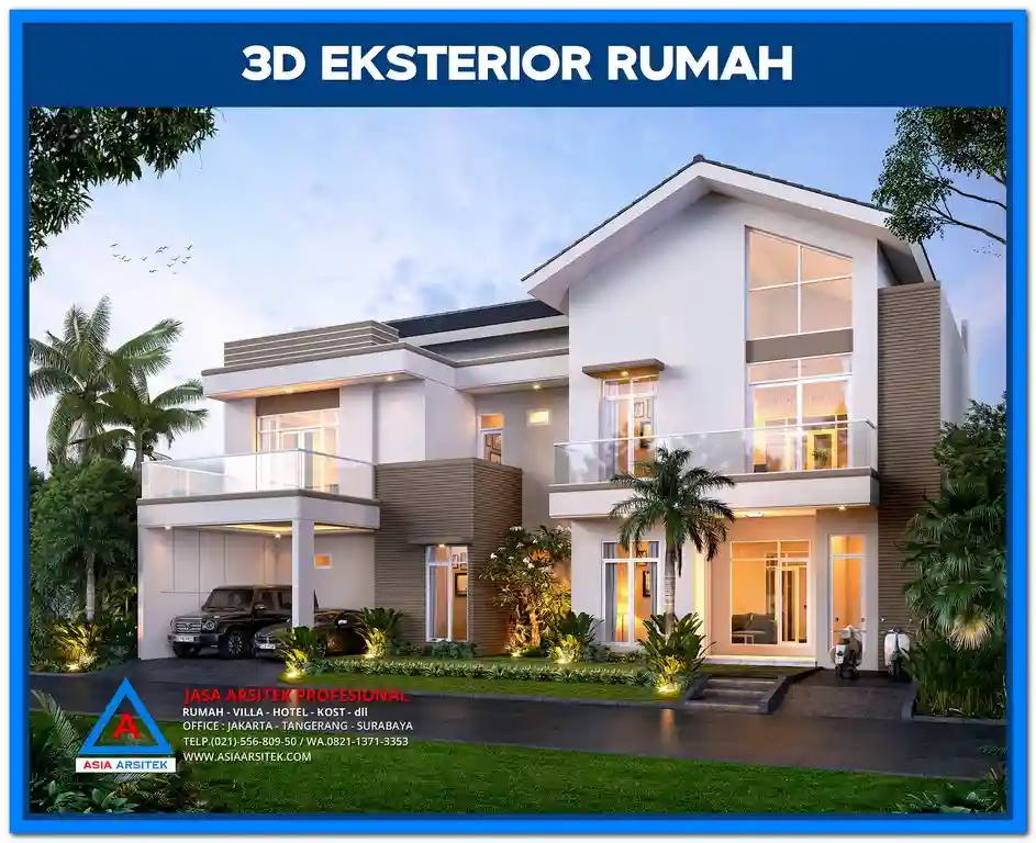 Contoh Gambar Rumah Minimalis 2 Lantai untuk Kavling Kecil – Desain fasad rumah dua lantai dengan tampilan simpel, garis tegas, dan elemen vertikal yang memaksimalkan lahan sempit secara fungsional dan estetis.