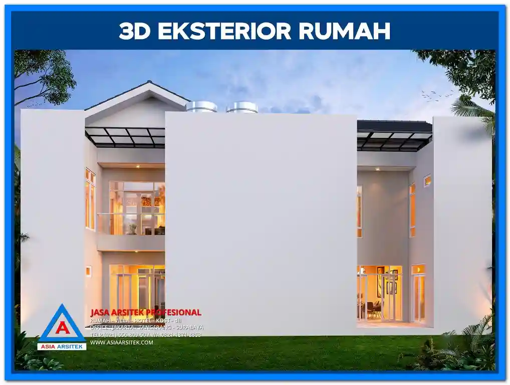 Contoh Gambar Rumah Minimalis 2 Lantai untuk Kavling Kecil – Desain fasad rumah dua lantai dengan tampilan simpel, garis tegas, dan elemen vertikal yang memaksimalkan lahan sempit secara fungsional dan estetis.