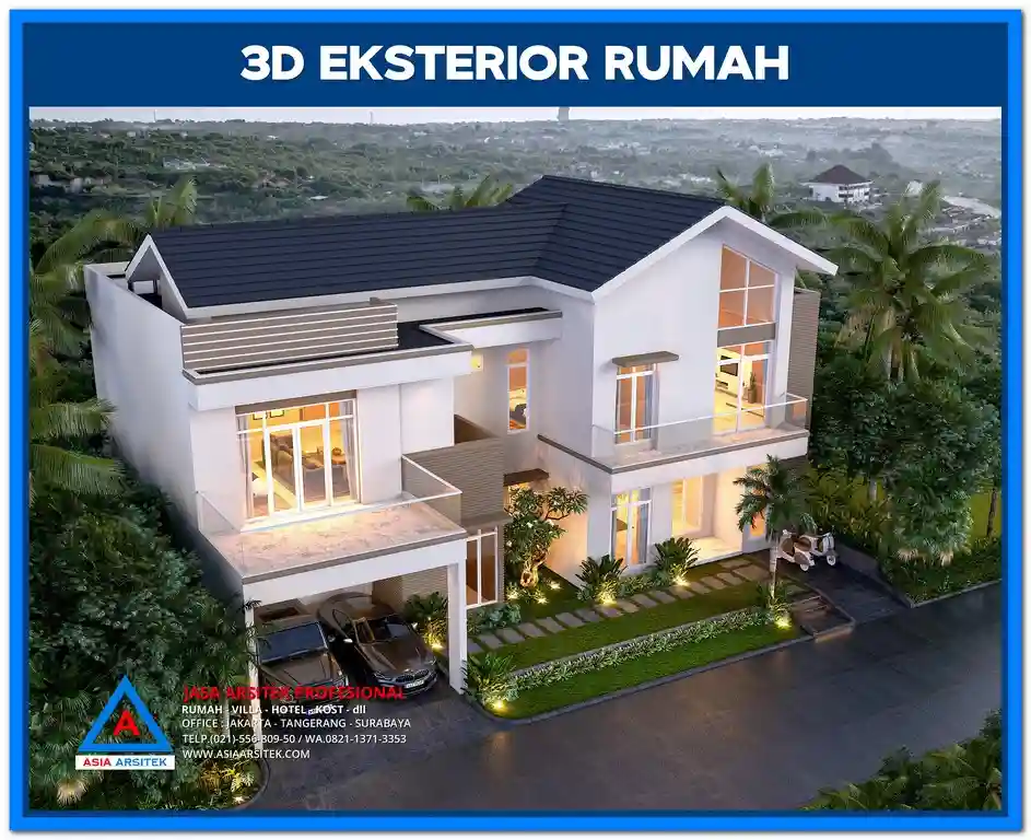 Contoh Gambar Rumah Minimalis 2 Lantai untuk Kavling Kecil – Desain fasad rumah dua lantai dengan tampilan simpel, garis tegas, dan elemen vertikal yang memaksimalkan lahan sempit secara fungsional dan estetis.