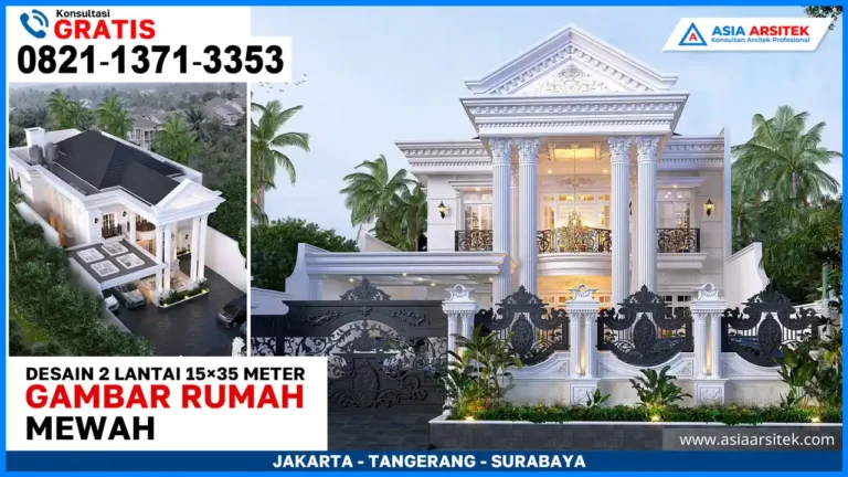 Contoh Ide Gambar Rumah Klasik 2 Lantai di Lahan 15×35 Meter – Desain rumah dua lantai bergaya klasik dengan ornamen detail dan pilar besar di atas lahan luas yang menghadirkan kesan megah dan elegan