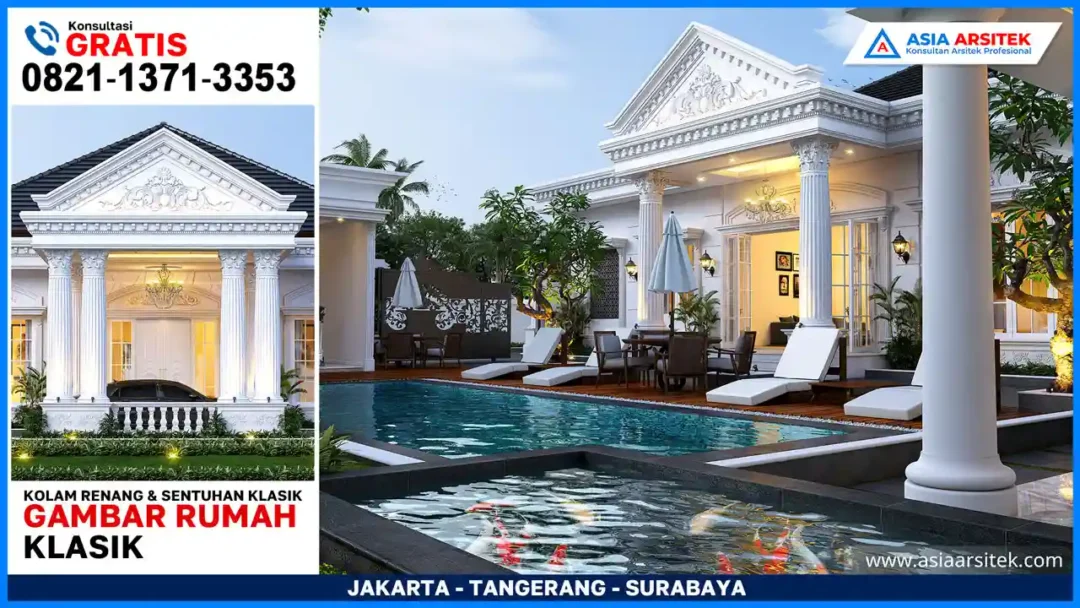Desain Rumah Tropis Mewah dengan Kolam Renang dan Sentuhan Klasik – Tampak depan rumah bergaya tropis klasik dengan bukaan lebar, profil putih, dan elemen arsitektur elegan. Kontraktor terpercaya dengan layanan profesional, harga terjangkau, dan hasil berkualitas untuk hunian impian Anda!