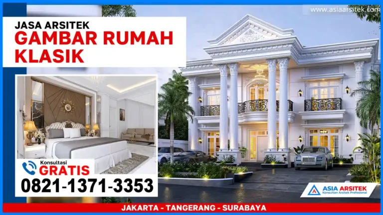 Gambar Rumah Klasik 2 Lantai Tampak Depan – Desain depan rumah klasik dua lantai dengan fasad simetris, pilar bergaya kolonial, dan detail arsitektur yang menunjukkan kemewahan tradisional.