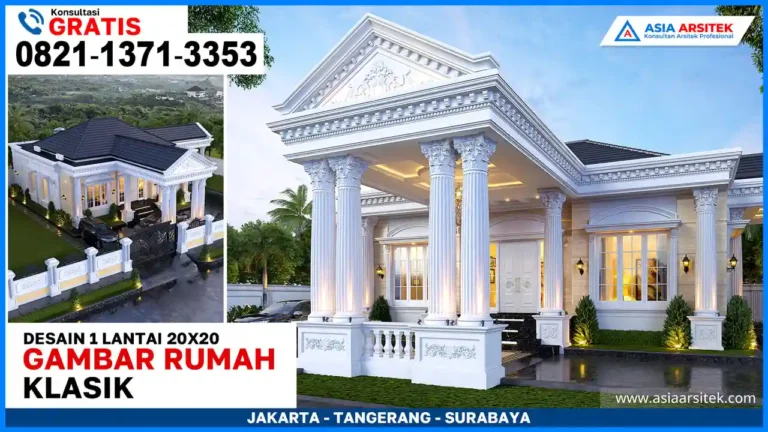 Gambar Rumah Klasik 20x20 Terbaru 2025 – Desain rumah dua lantai gaya klasik dengan pilar megah, fasad simetris, dan sentuhan elegan di lahan 20x20 meter