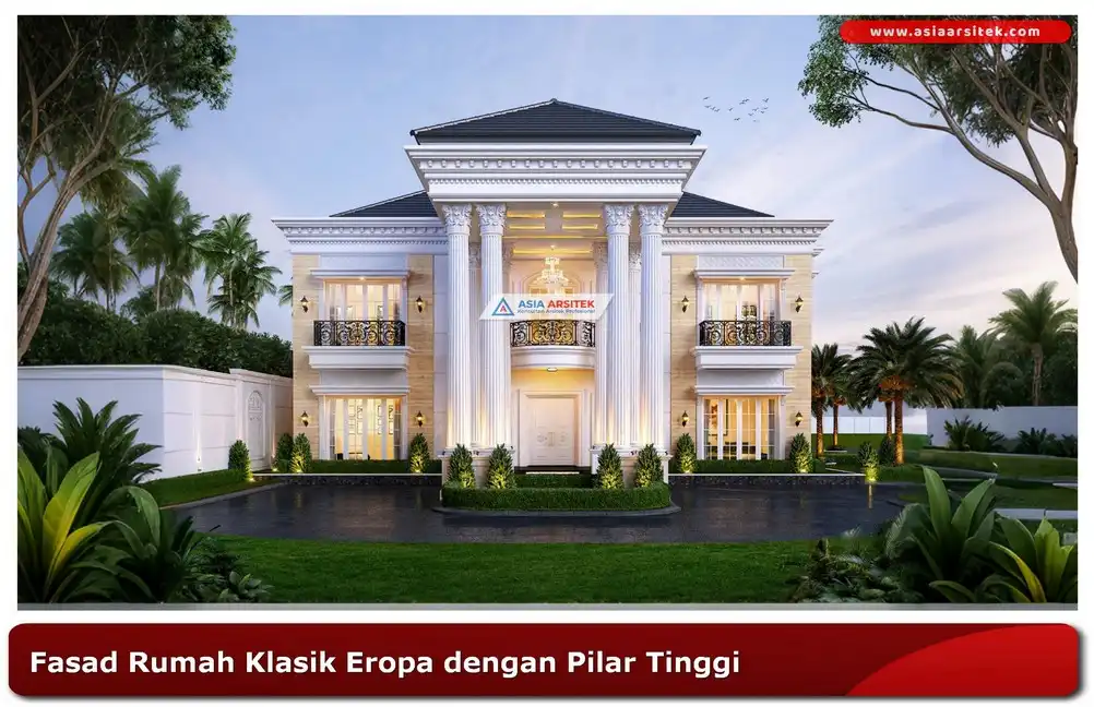 Gambar fasad rumah klasik Eropa dengan pilar tinggi dan atap limasan