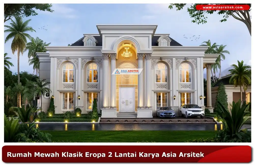 Gambar rumah klasik Eropa 2 lantai dengan balkon dan pilar korintus