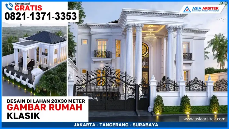 Gambar Rumah Klasik Mewah 3 Lantai di Lahan 20x30 Meter – Desain rumah tiga lantai bergaya klasik dengan pilar megah, ornamen detail, dan fasad mewah yang memukau di lahan 20x30 meter.