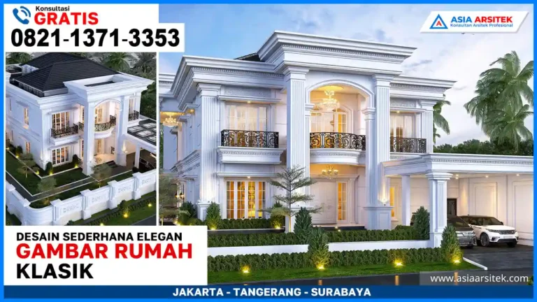 Gambar Rumah Klasik Sederhana Tapi Elegan – Tampak depan rumah bergaya klasik simpel dengan elemen pilar, profil halus, dan pencahayaan alami yang memperkuat kesan elegan