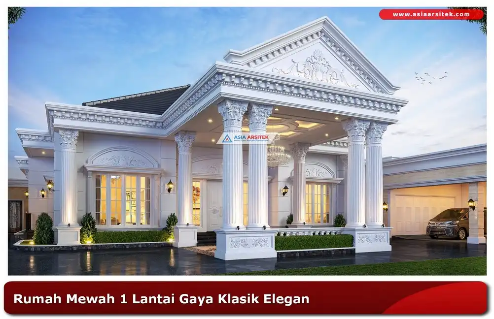 Rumah klasik 1 lantai dengan tiang pilar dan fasad simetris