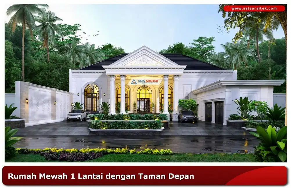 Rumah mewah 1 lantai dengan taman hijau dan carport luas