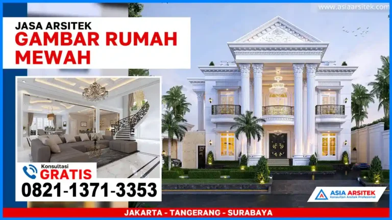 Gambar Rumah Mewah 2 Lantai Gaya Eropa – Fasad elegan dengan nuansa klasik, dilengkapi pilar-pilar besar, atap tinggi, dan jendela besar bergaya Prancis yang menawan.