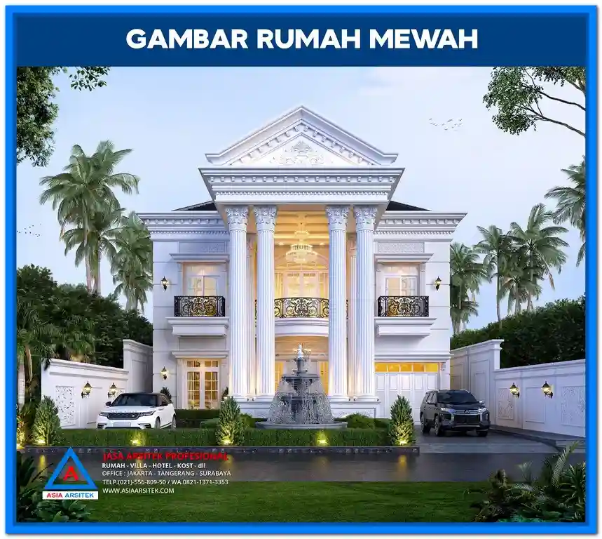 Gambar Rumah Mewah 3 Lantai Dengan Pilar Megah – Desain rumah tiga lantai bergaya klasik modern dengan pilar besar yang elegan, menciptakan kesan megah dan mewah pada tampak depan rumah